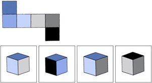 Which cube belongs to the two-dimensional cut-out? spatial reasoning example question